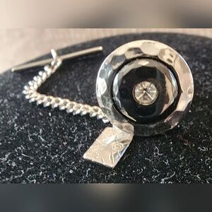 Vintage Emmons Silver Black Hematite Tone Clear rhinestone Tie Tack Lapel Pin